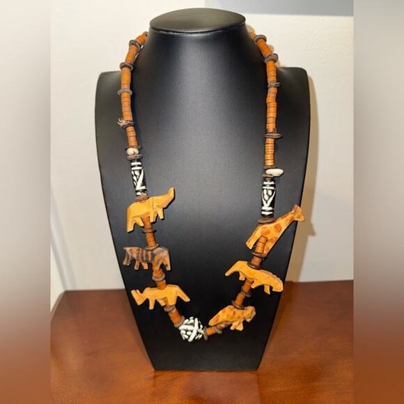 Vintage Boho Necklace / Handmade Wooden African Animals Necklace/Animal Print - Picture 1 of 3